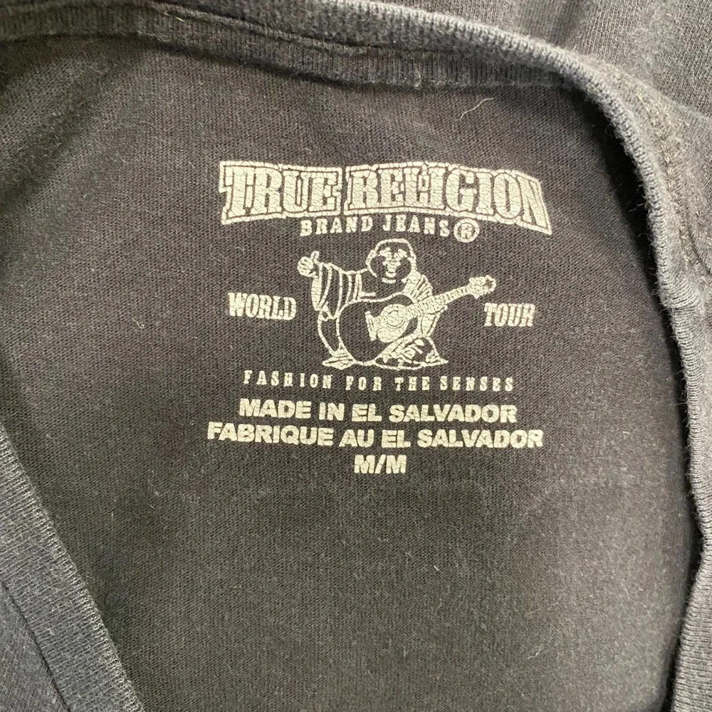 True Religion T-Shirt Mens M Black Gold Big Buddha World Tour Logo Short Sleeve